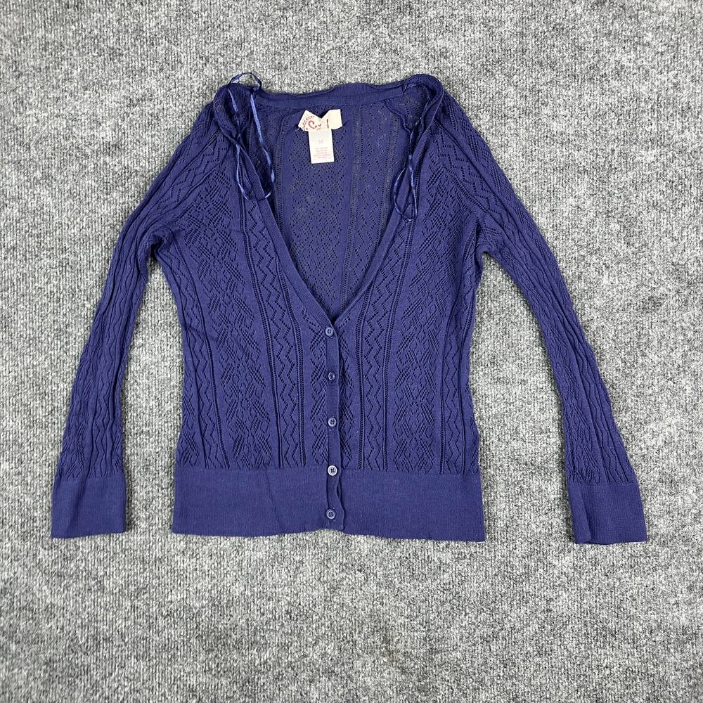 SO Cardigan Womens M‎ Purple Crochet Knit Button Up Lightweight Casual Sweater
